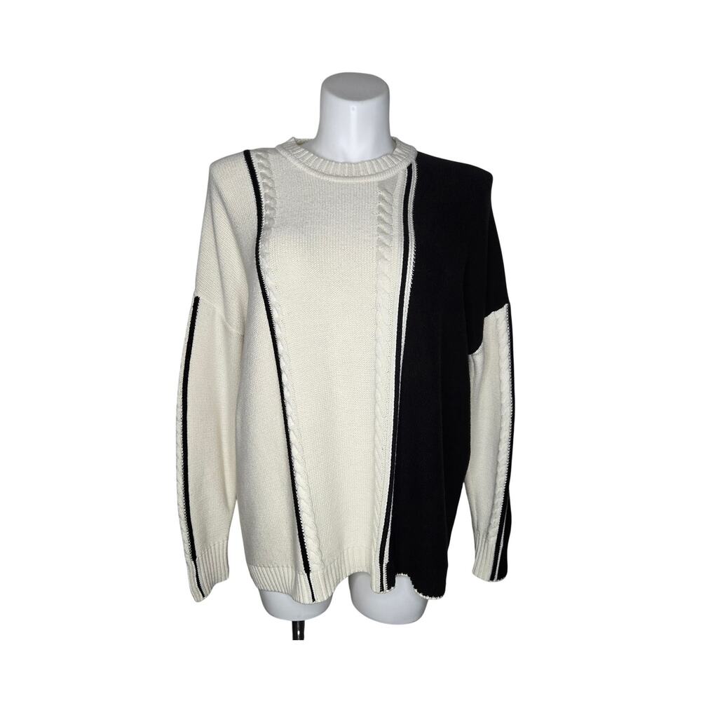 CABI Lineup Pullover Colorblock Sweater Knit Ivory/Black Size XL